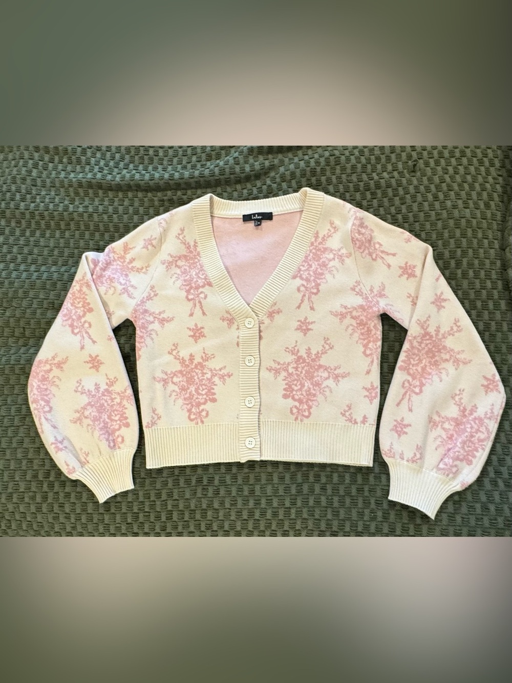 Lulu’s Sz M Precious look cream toile floral balloon sleeve cardigan cropped